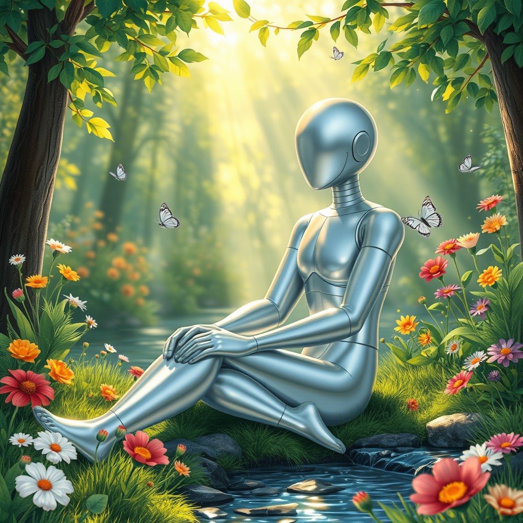 A silver humanoid figure symbolizing tranquility, sitting peacefully in a serene natural setting, surrounded by lush greenery and colorful flowers