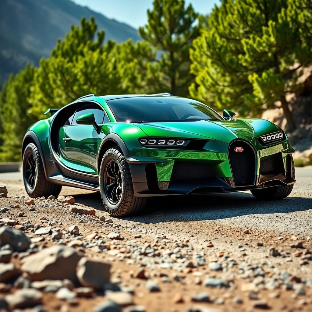 A luxurious Bugatti styled as a rugged Jeep, featuring turbo enhancements