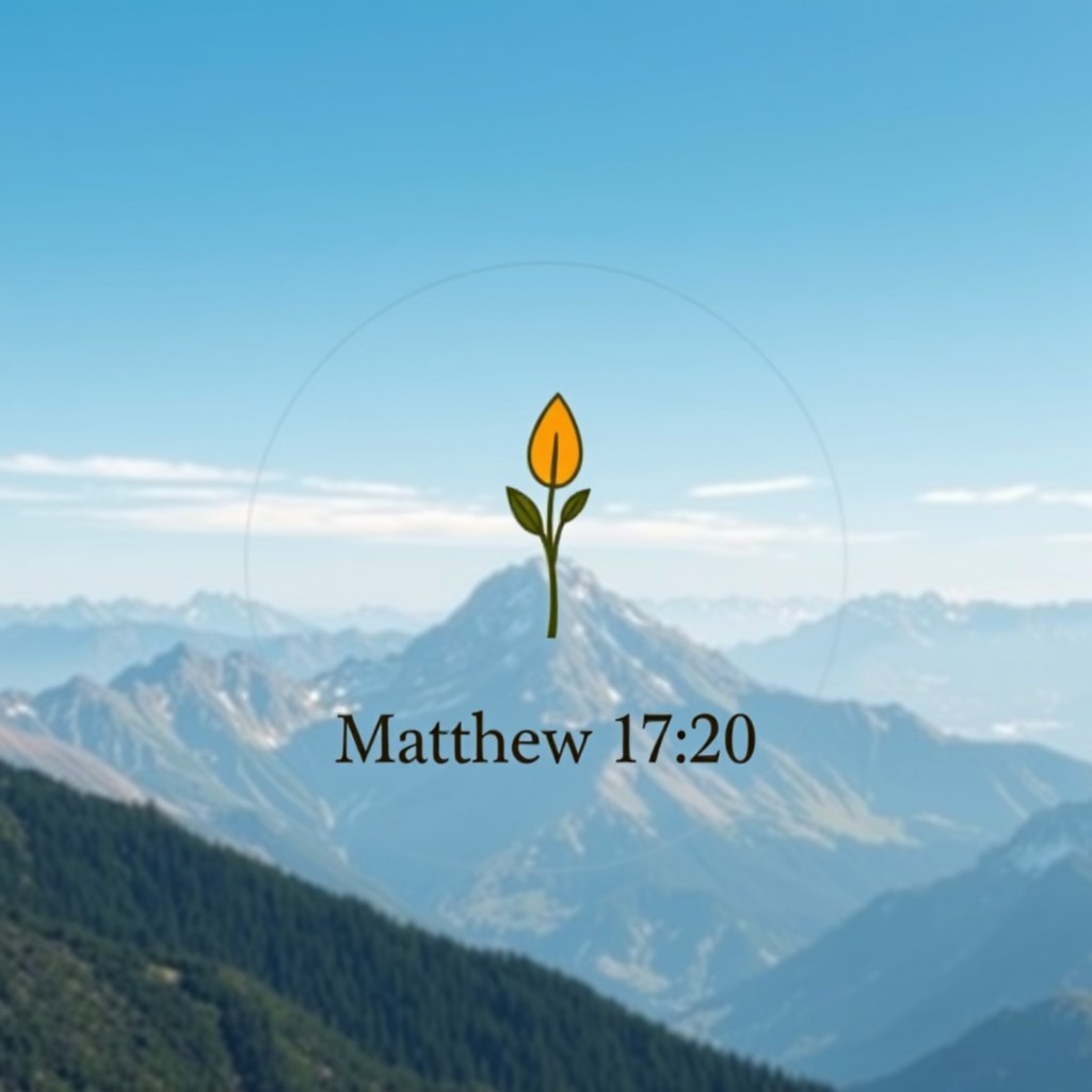 A minimalist hat patch design featuring a small mustard seed, symbolizing faith, set against a serene mountain background