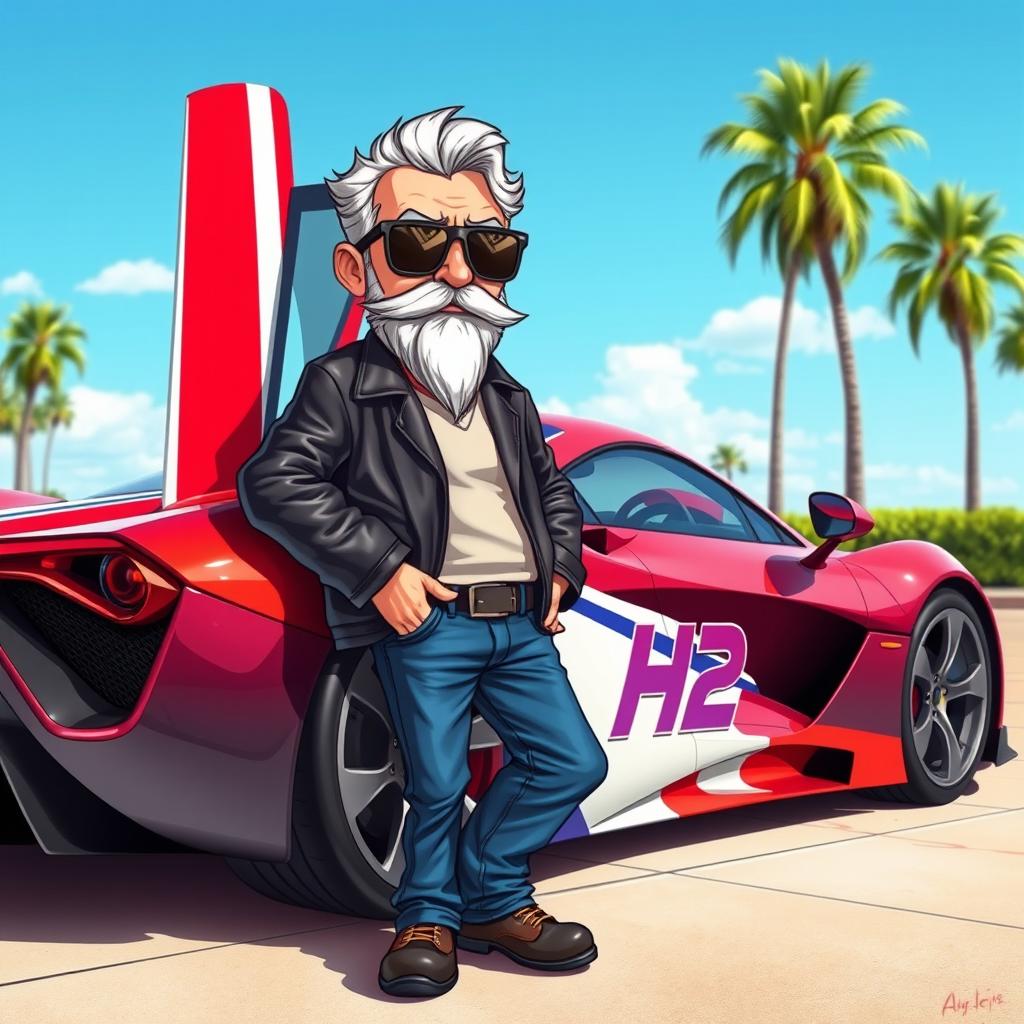 A vibrant cartoon-style illustration of a cool elderly man with a silver beard and stylish sunglasses, casually leaning against a sleek supercar