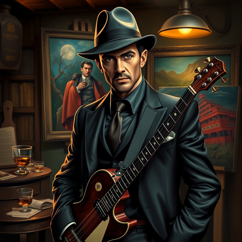 A hard-working individual embodying the traits of a mafia boss, musician, and painter, dressed in a stylish suit with a fedora