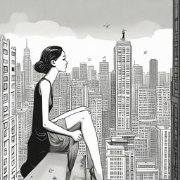 A whimsical image of a colossally tall girl seated on a city skyscraper, carefully observing the miniscule, ant-like people going about their day in the streets below.