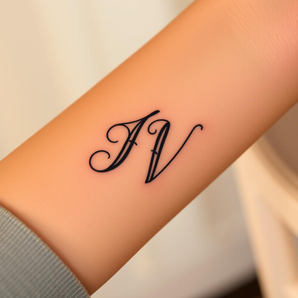 A close-up view of a person's arm showing a stylish tattoo of the initials "IV"