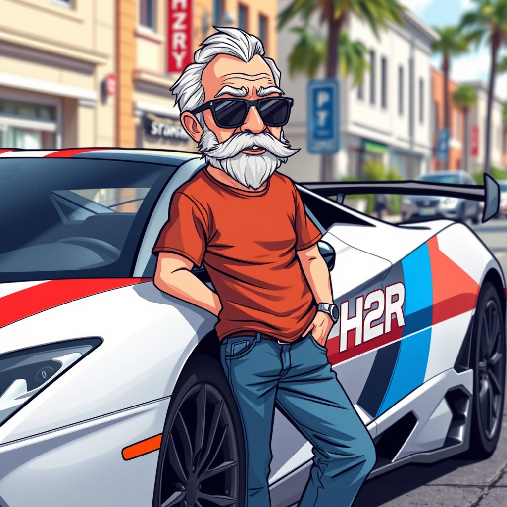 A cartoon style illustration depicting a cool elderly man with a stylish gray beard and sunglasses, leaning against a sleek supercar