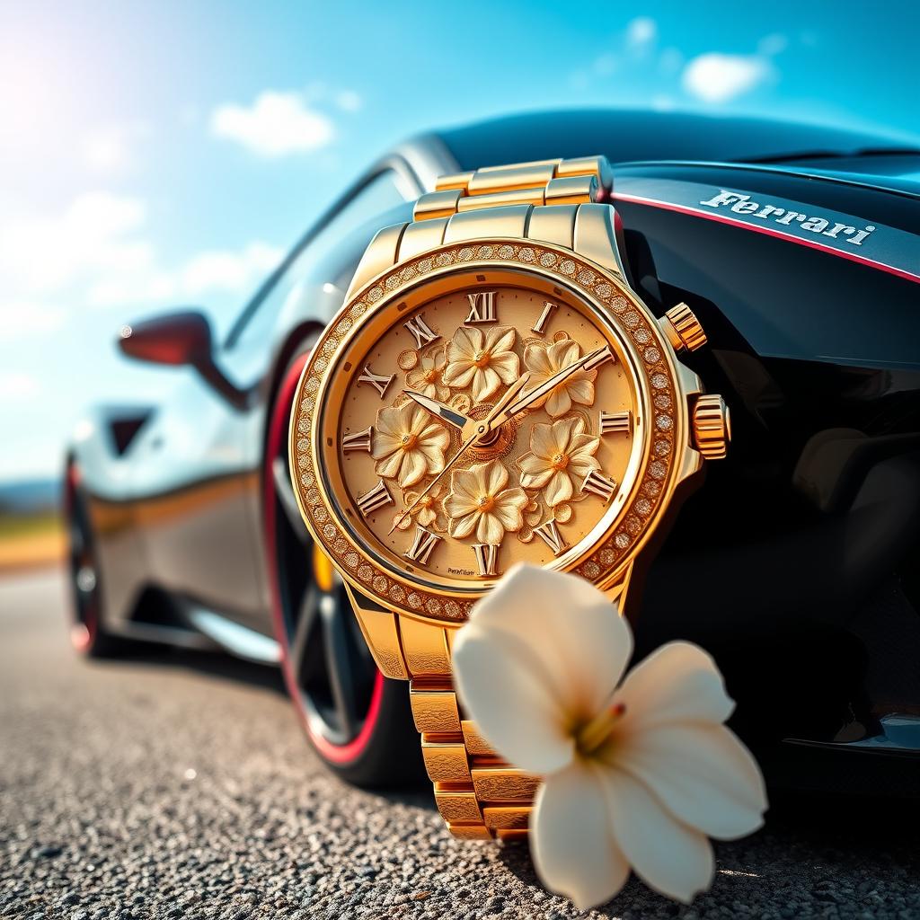 A luxurious gold handwatch featuring intricate floral designs on the face, elegantly adorned with delicate blooms