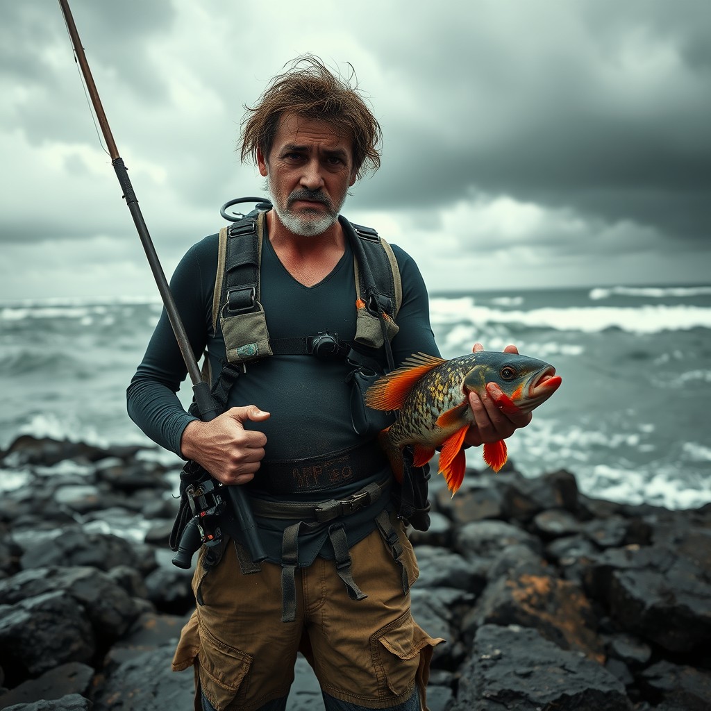 A miserable spearfisher standing on the rocky shore with a sparse background of waves crashing against the rocks