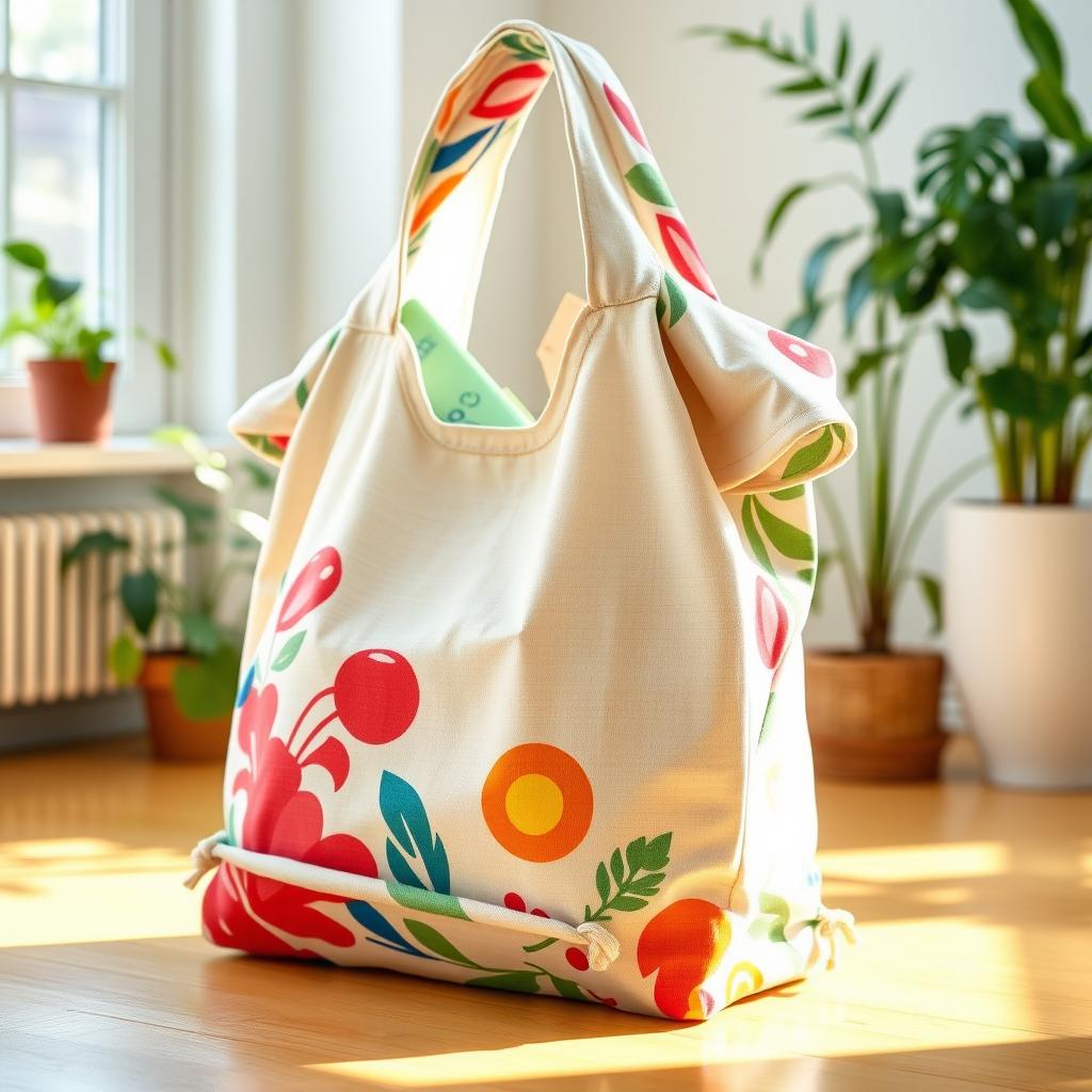 An eco-friendly no-sew bag created from a t-shirt, with the sleeves and neck hole cut off, and the bottom hem cleverly tied with small knots