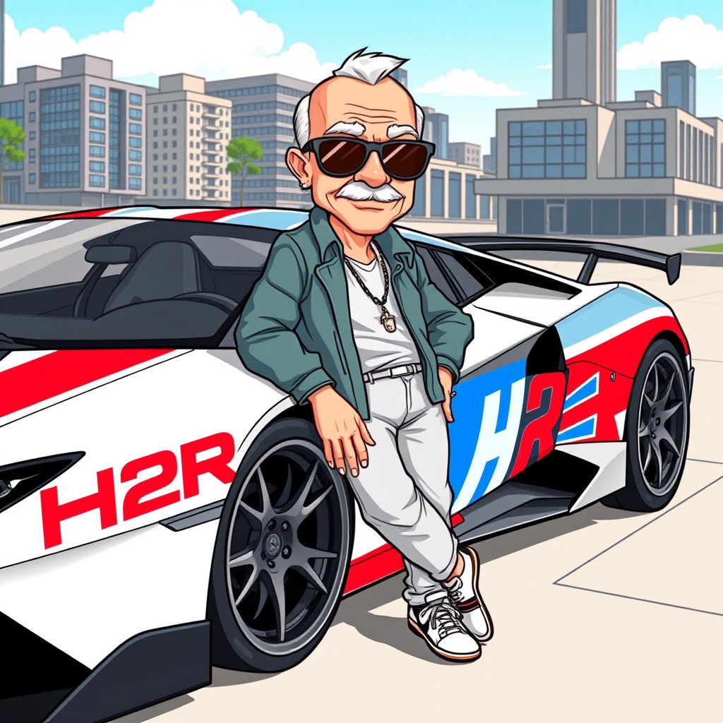 A cartoon-style illustration of a bald and cool elderly man, wearing stylish sunglasses, leaning casually against a sleek supercar