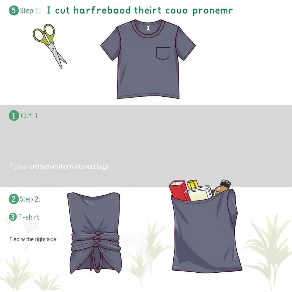 A visually detailed step-by-step illustration of creating a no-sew eco bag from an old T-shirt