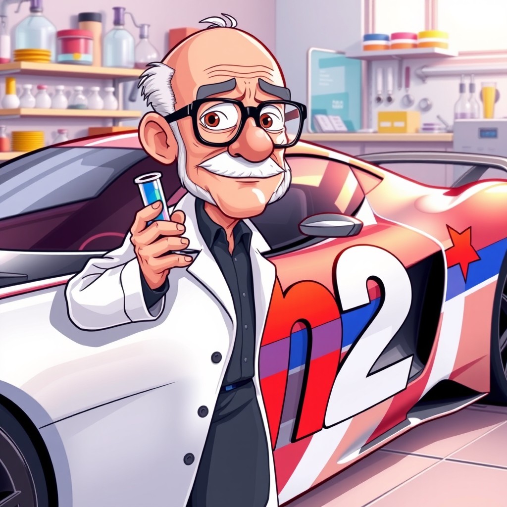 A cartoon-style illustration featuring a bald elderly chemist with glasses, wearing a lab coat, holding a colorful test tube with a thoughtful expression