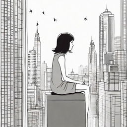 A whimsical image of a colossally tall girl seated on a city skyscraper, carefully observing the miniscule, ant-like people going about their day in the streets below.