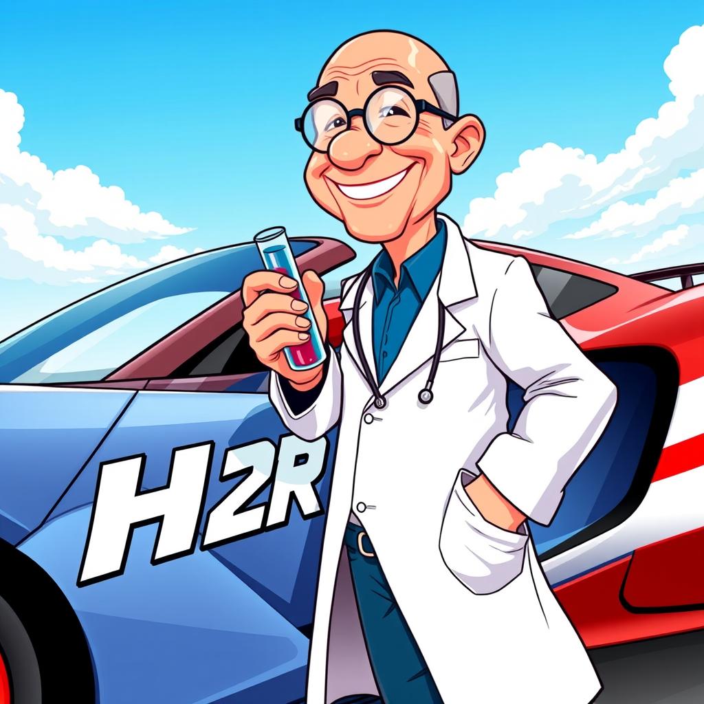 A cartoon-style illustration of a bald elderly chemist wearing a lab coat, holding a test tube in one hand, smiling cheerfully