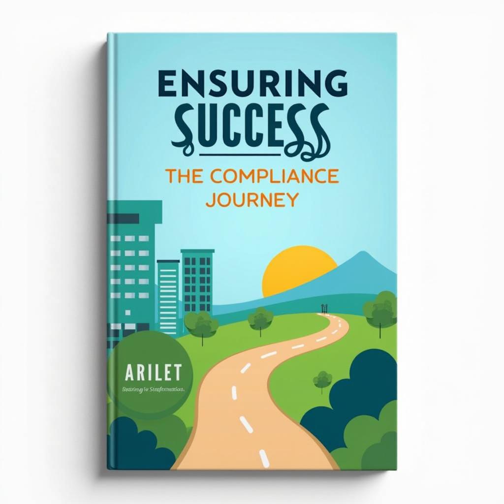 A professional book cover for 'Ensuring Success: The Compliance Journey', featuring a stylized path winding through a vibrant landscape symbolizing growth and achievement