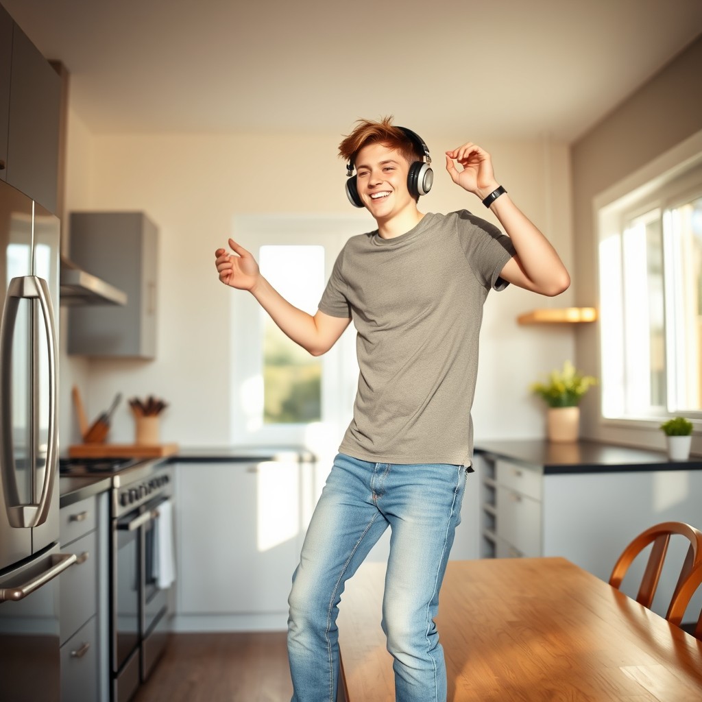 An 18-year-old male named Jonathan is in a modern kitchen, dancing joyfully as he listens to music on his headphones