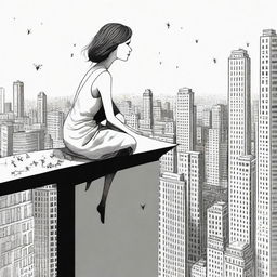 A whimsical image of a colossally tall girl seated on a city skyscraper, carefully observing the miniscule, ant-like people going about their day in the streets below.