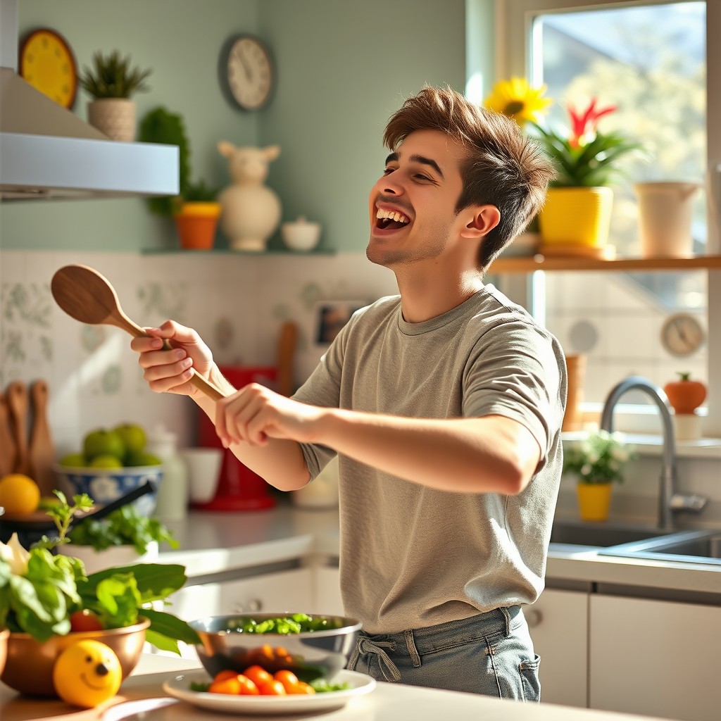 A lively kitchen scene featuring an 18-year-old male named Jonathan, who is happily cooking