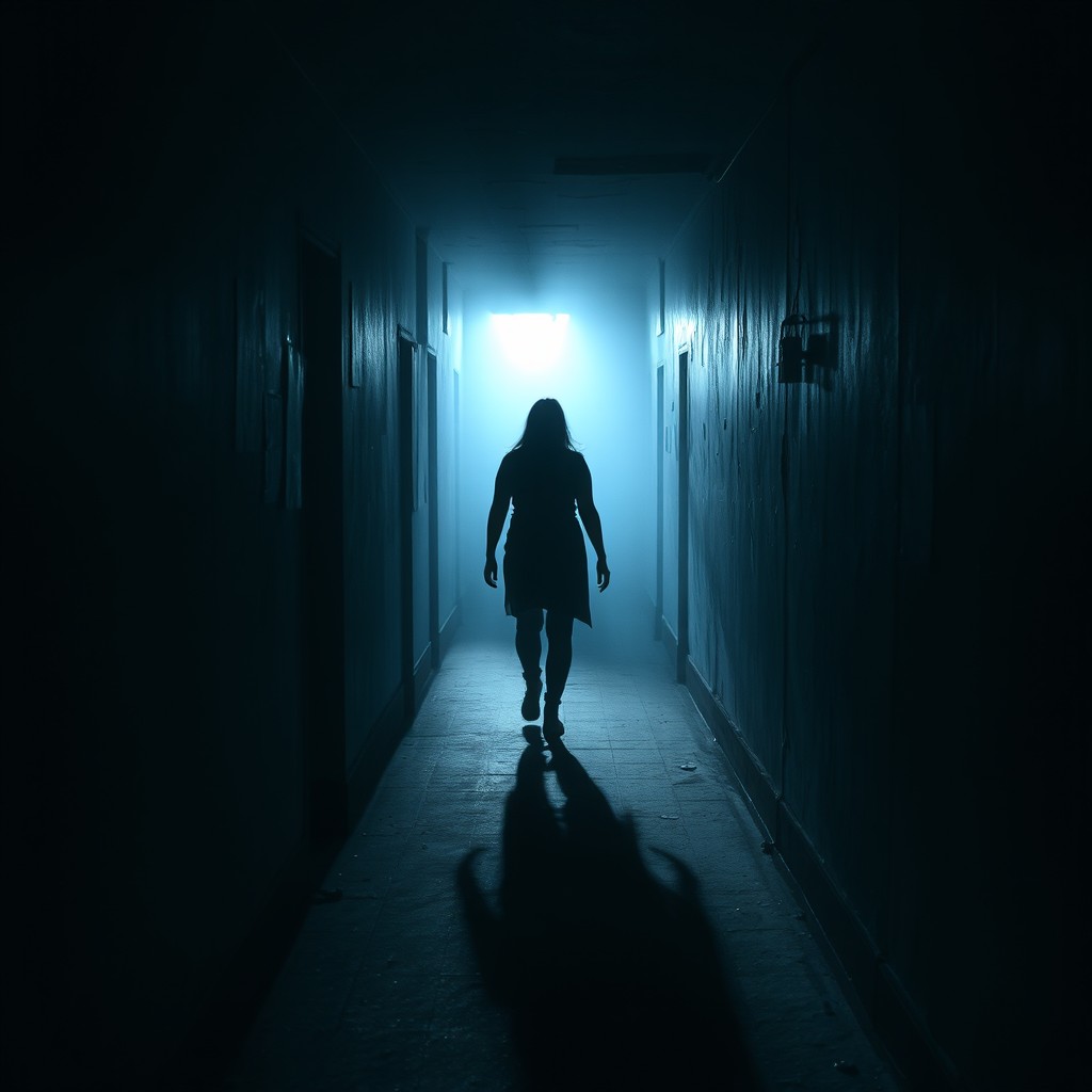 A mysterious silhouette lurking in the background of a dimly lit corridor, with shadows cast along the walls, creating an eerie atmosphere