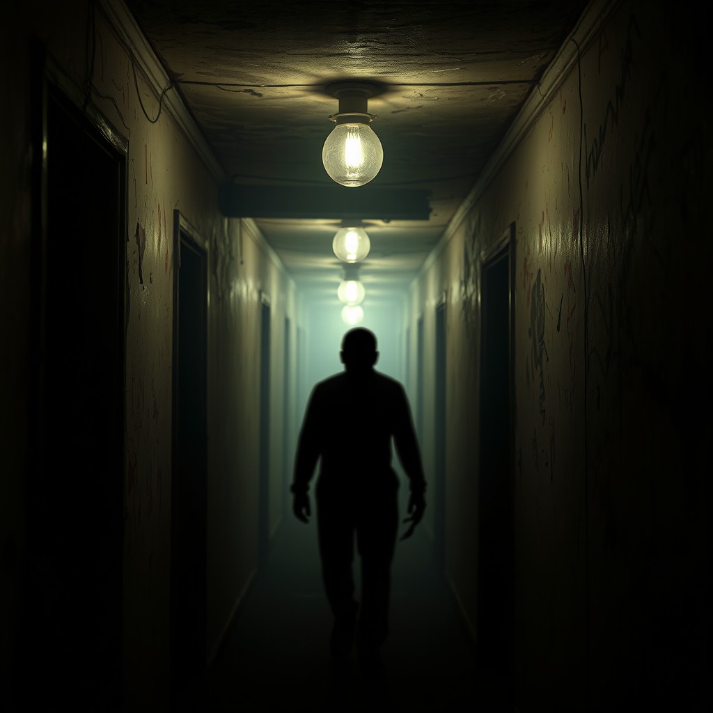 A shadowy figure lurking in the background of a dimly lit corridor, creating a sense of tension and mystery