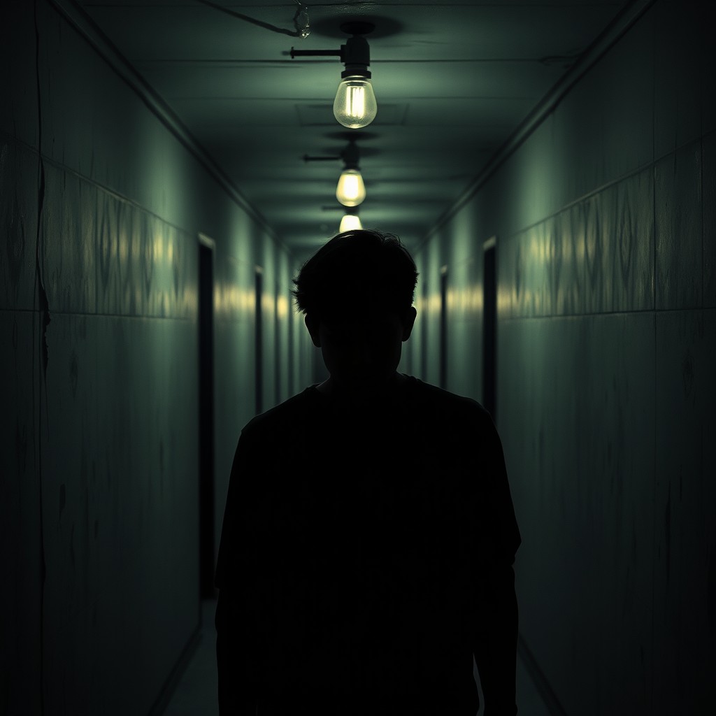 A shadowy figure of a teenage boy lurking in the background of a dimly lit corridor, creating a sense of tension and mystery