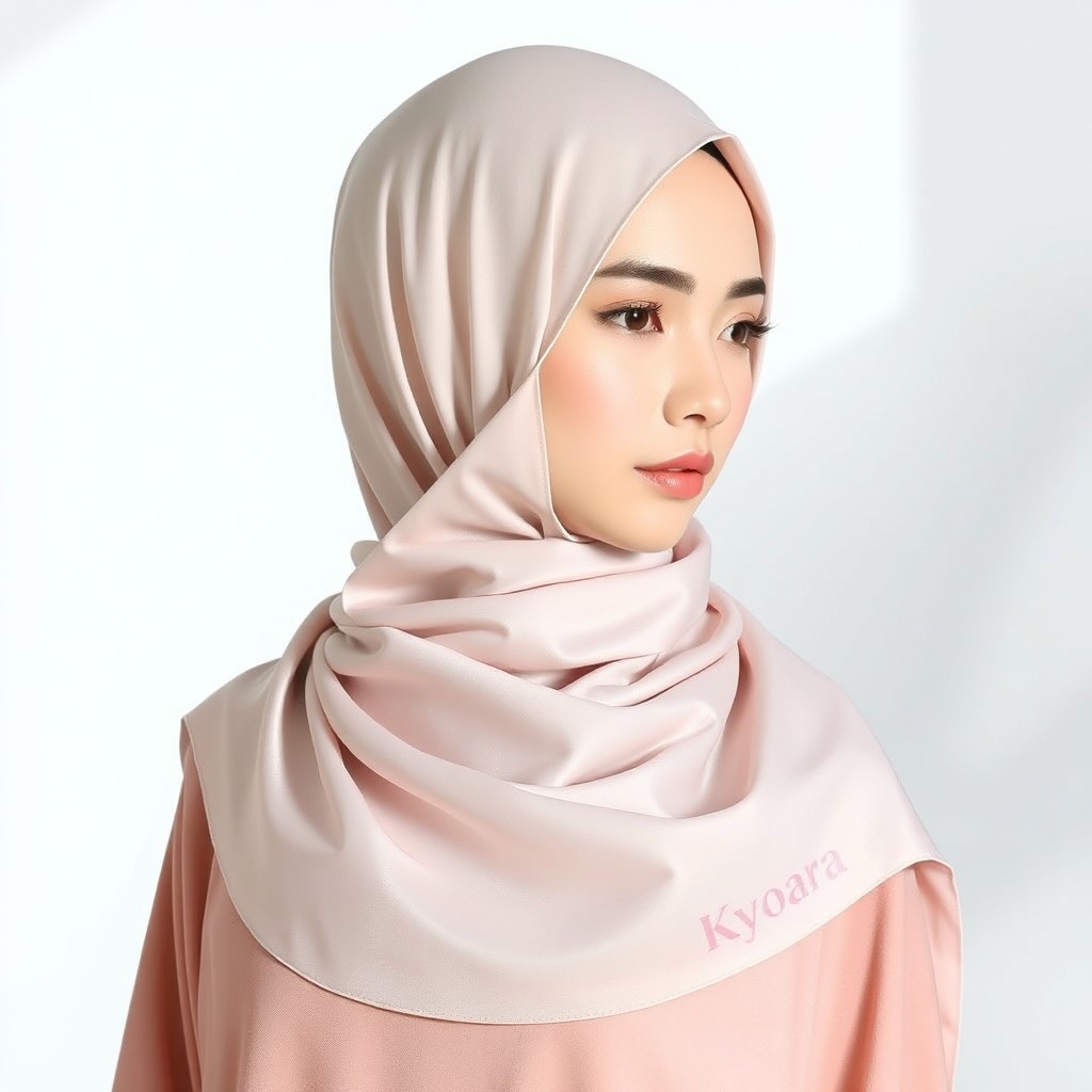 A stylish hijab featuring a minimalist design, elegantly draped and adorned with the brand name 'Kyoara' subtly integrated into the fabric