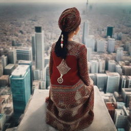 A compelling image of an exceedingly tall Turkish girl, sitting atop a city skyscraper, overtly aware of the tiny people moving below. She is adorned in traditional Turkish attire, adding cultural richness to the scene.