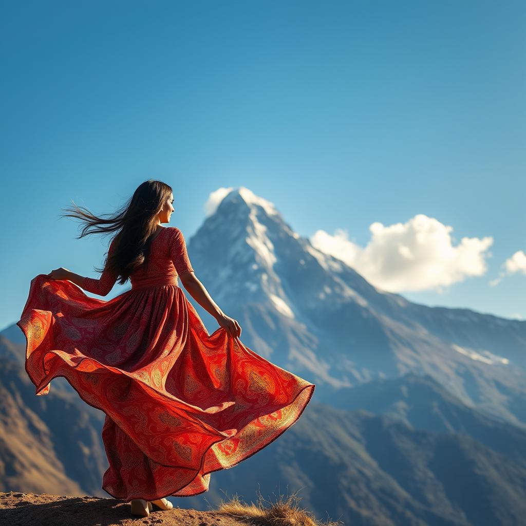 A full-body image of a woman named Aya Huma, shown from the back, gazing towards the peak of a majestic mountain
