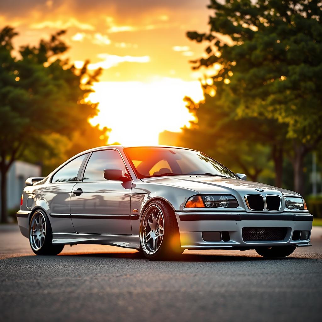 A striking BMW E36 model parked elegantly under a vibrant sunset, showcasing its sleek, classic lines