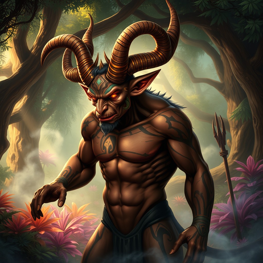 A dynamic depiction of an Ayahuma, a humanoid creature resembling a devil with intricate features