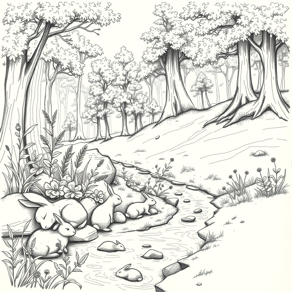 A detailed sketch of a serene forest scene, preserving all original elements and adding new content in the blank spaces