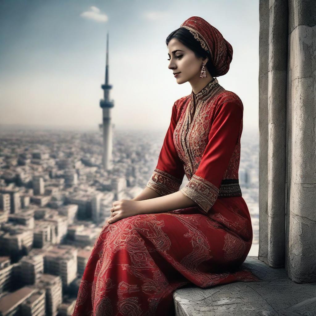 A compelling image of an exceedingly tall Turkish girl, sitting atop a city skyscraper, overtly aware of the tiny people moving below. She is adorned in traditional Turkish attire, adding cultural richness to the scene.