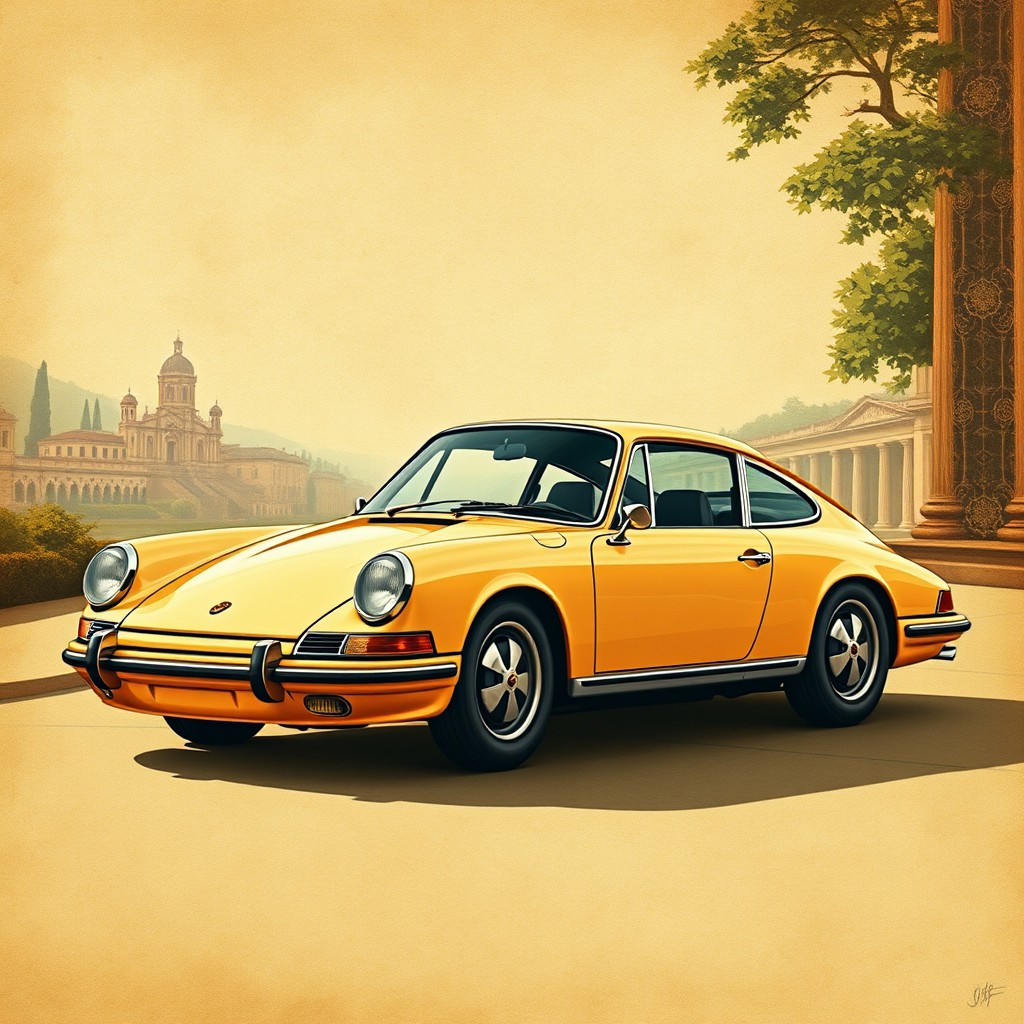 A stunning vintage Porsche 911 classic car illustrated in the style of Leonardo Da Vinci