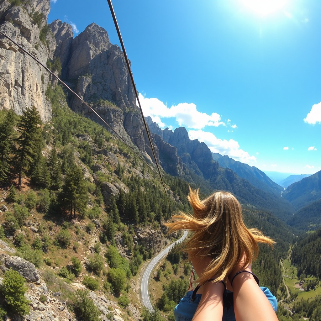 A breathtaking view of a zipline business situated in the rugged mountains, featuring a vibrant landscape with towering trees and rocky peaks