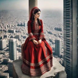 A compelling image of an exceedingly tall Turkish girl, sitting atop a city skyscraper, overtly aware of the tiny people moving below. She is adorned in traditional Turkish attire, adding cultural richness to the scene.