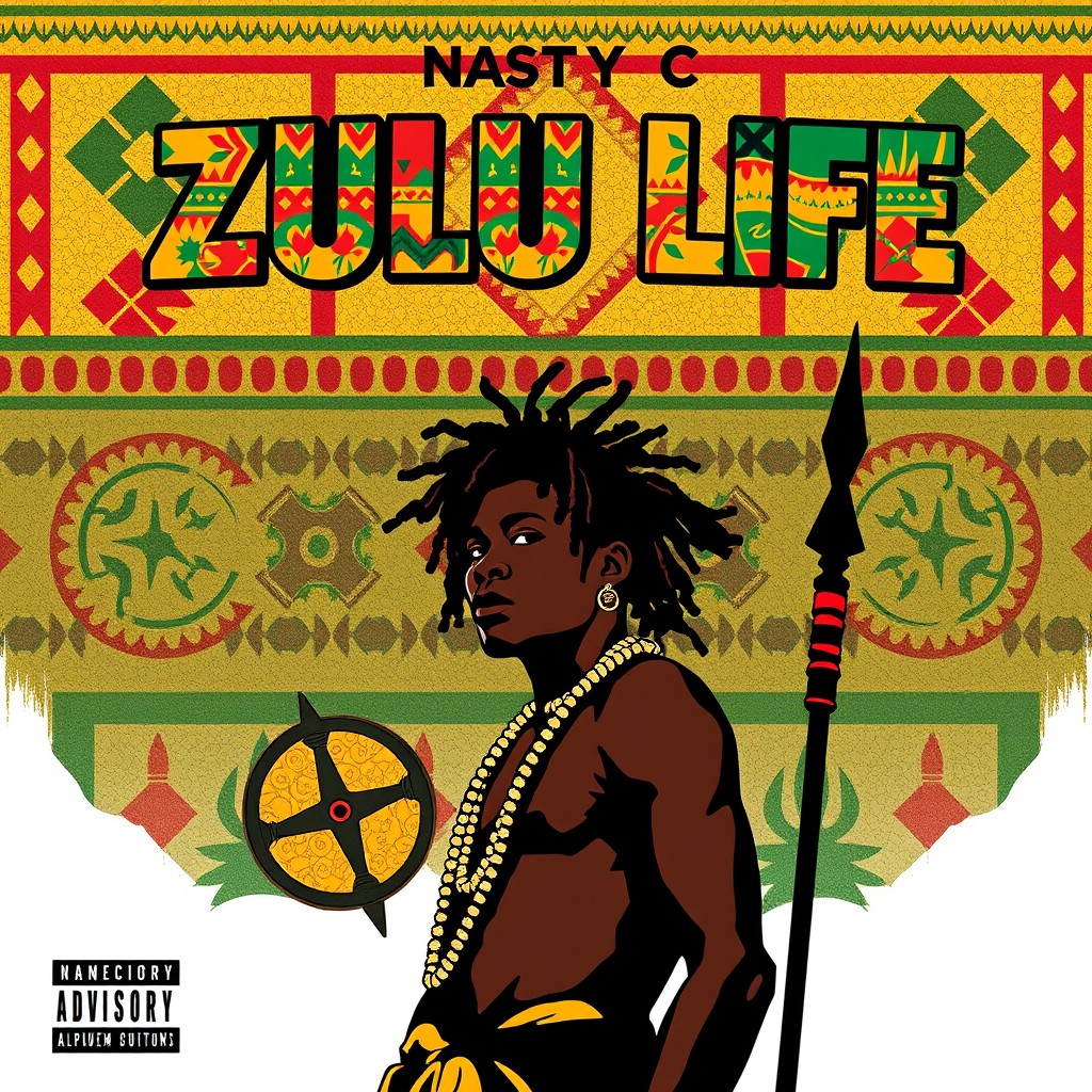 A vibrant and expressive album cover design for Nasty C, featuring elements of Zulu culture