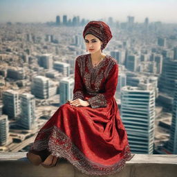 A compelling image of an exceedingly tall Turkish girl, sitting atop a city skyscraper, overtly aware of the tiny people moving below. She is adorned in traditional Turkish attire, adding cultural richness to the scene.