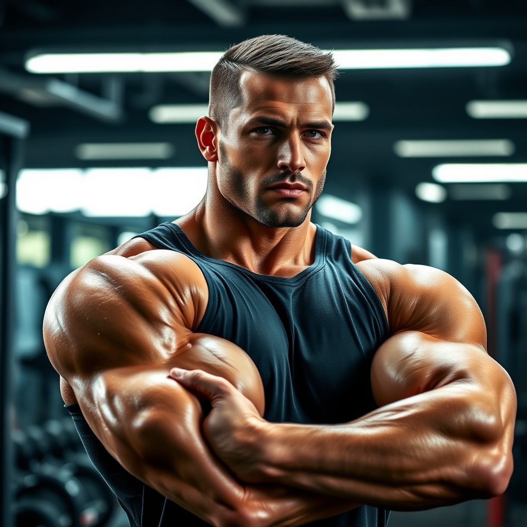 A muscular male athlete showcasing enhanced and well-defined triceps, flexing his arms against a dramatic backdrop of a gym setting
