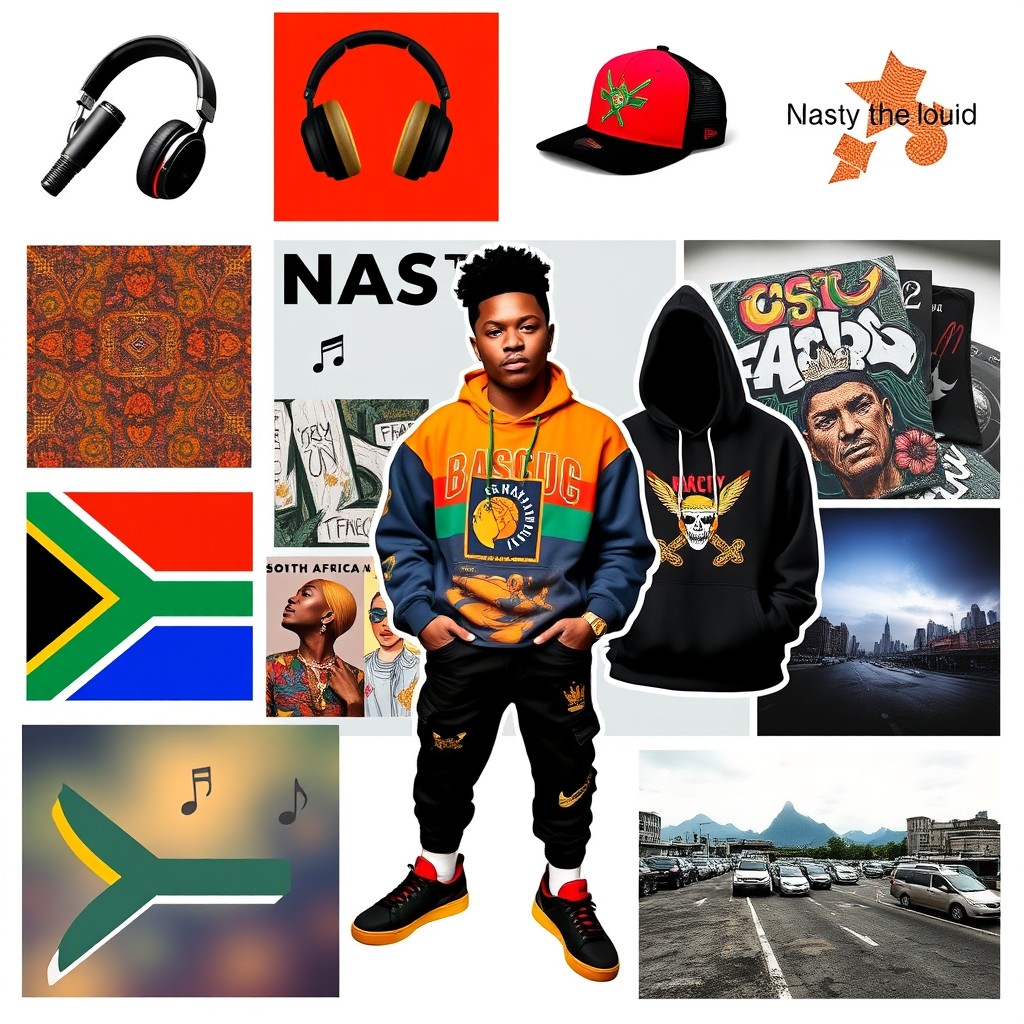 A vibrant mood board featuring elements reflecting Nasty C's interests and style, including music instruments like a microphone and headphones, hip-hop fashion with stylish clothing items like snapbacks, hoodies, and sneakers, album covers, colorful graffiti art, and an urban landscape setting