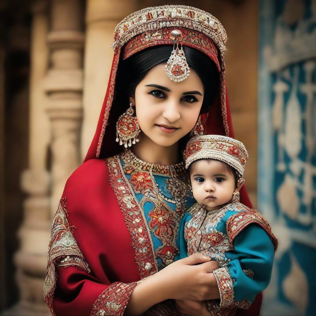 A dramatic scene of a towering Turkish girl graciously carrying a miniature human on her hand. She is adorned in vibrant traditional Turkish attire, adding a rich cultural touch to the image.