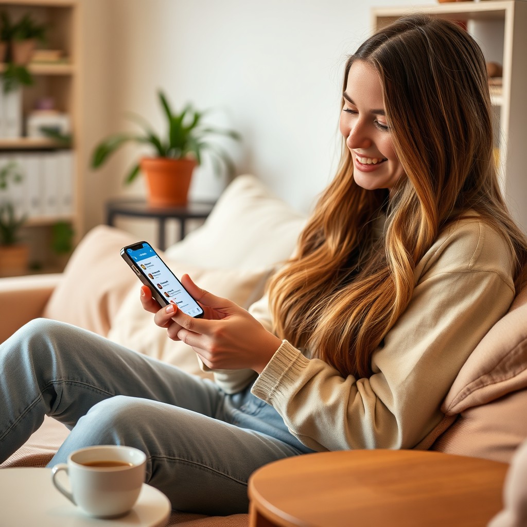 A young woman sitting comfortably in a cozy room, looking at her smartphone with an expression of delight and curiosity