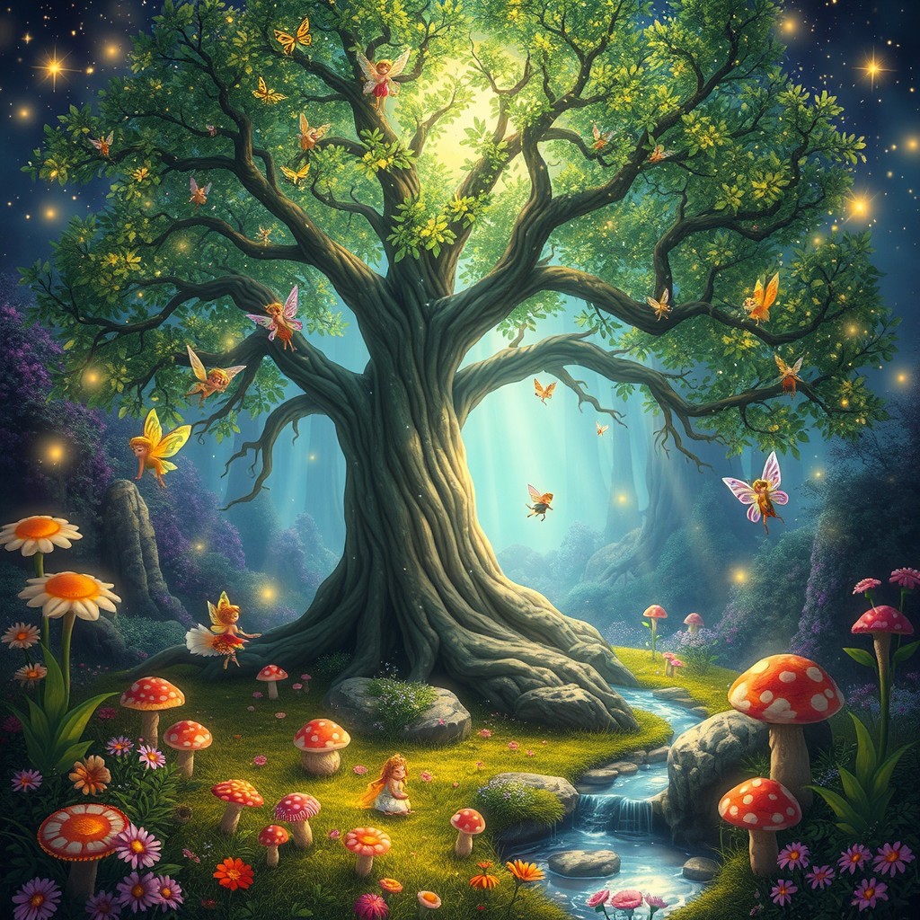 A whimsical and enchanting scene of a beautiful fantasy forest, where magical creatures play among vibrant flowers and sparkling streams