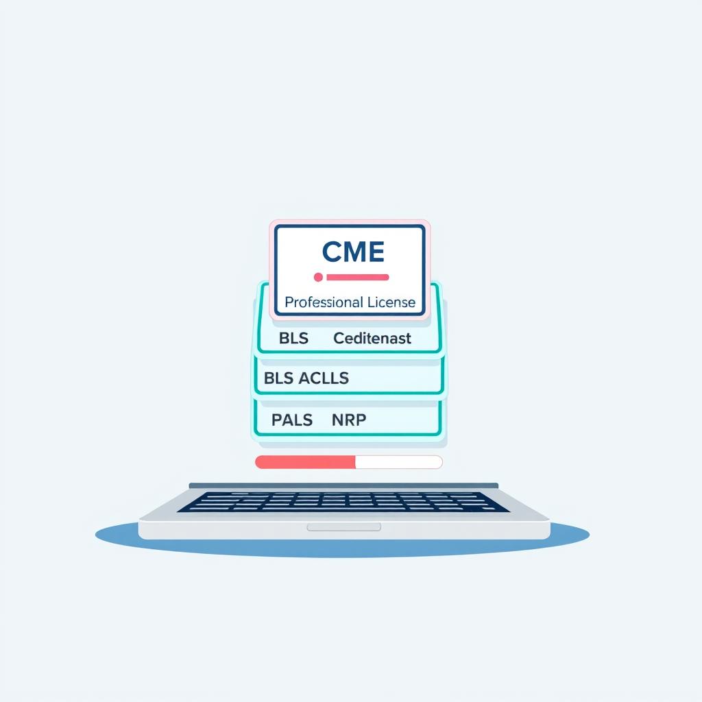 A clean and professional digital illustration showcasing stacked digital credentials including CME, Professional License, BLS, ACLS, PALS, and NRP