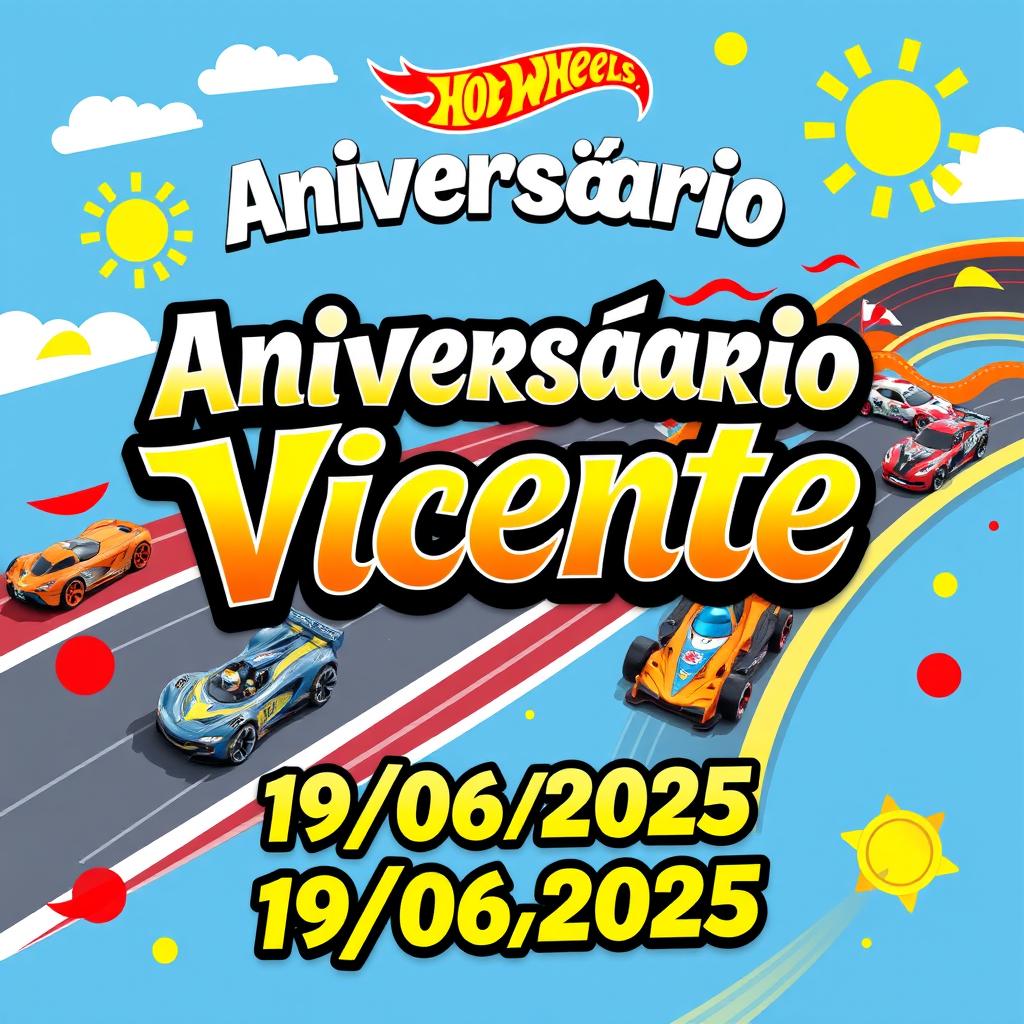 A vibrant and colorful birthday card design themed around Hot Wheels for a 6-year-old