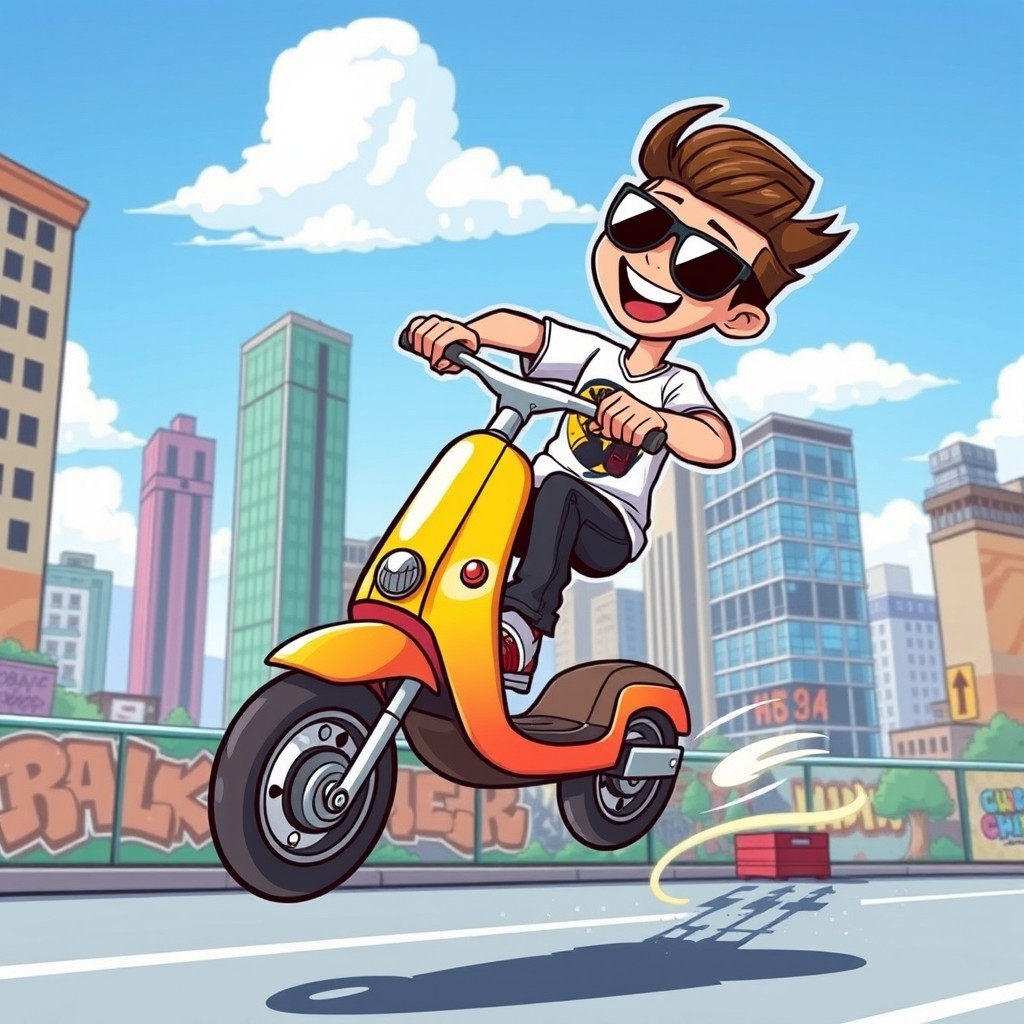 A cartoon style illustration featuring a cool guy wearing sunglasses, performing an impressive wheelie on a colorful scooter