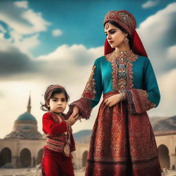 A dramatic scene of a towering Turkish girl graciously carrying a miniature human on her hand. She is adorned in vibrant traditional Turkish attire, adding a rich cultural touch to the image.