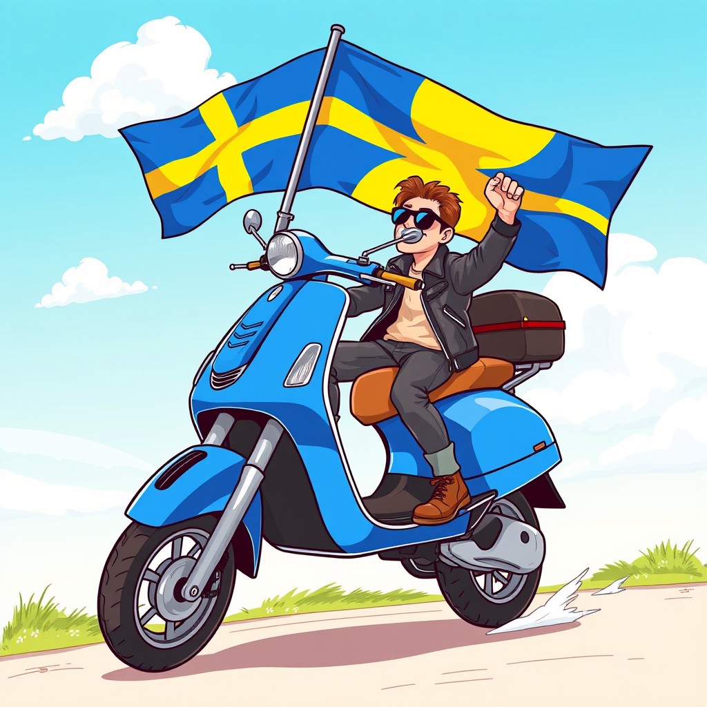 A cartoon style illustration of a cool guy performing a wheelie on a vibrant blue Vespa scooter