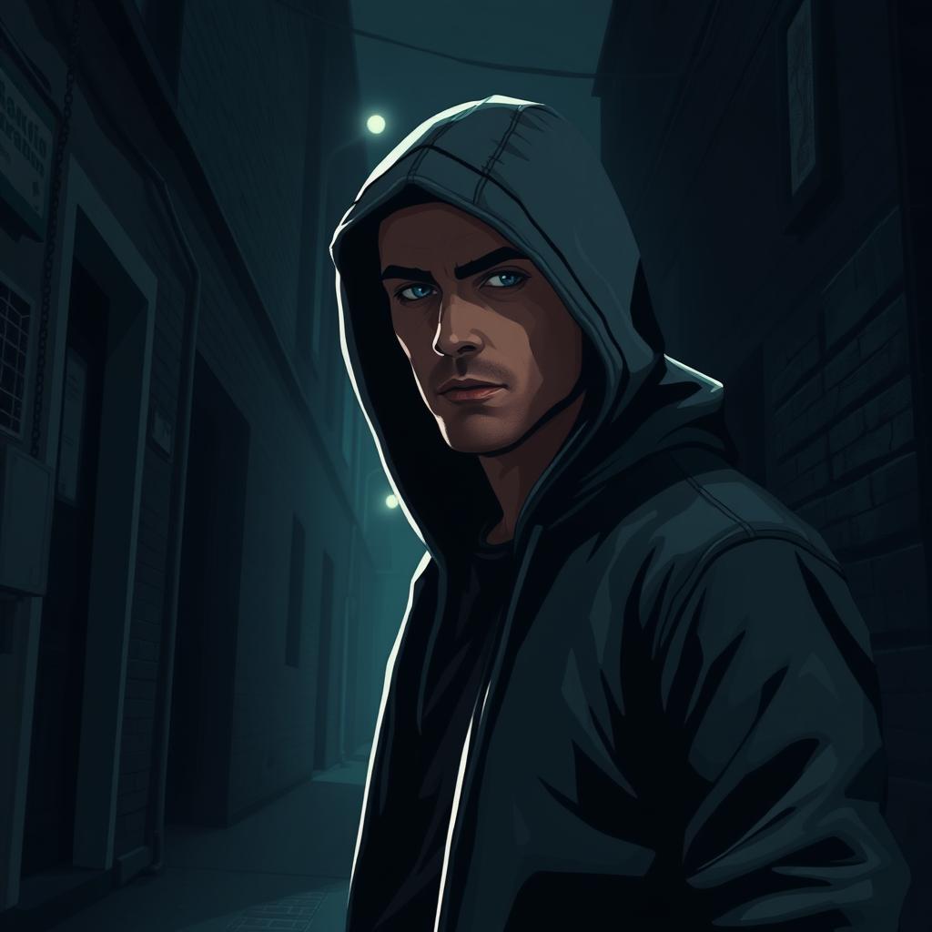 A man in a hood standing in a dark alley, showcasing stylized realism with subtle exaggerated features