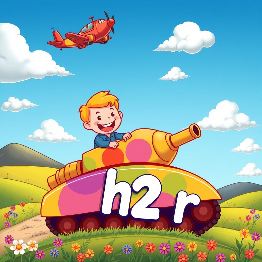 A whimsical cartoon-style scene featuring a cheerful character named Misha with a big smile, driving a colorful tank