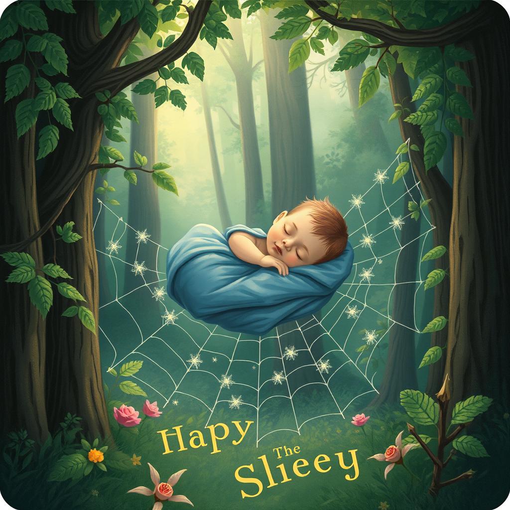A tarot card illustration featuring a peaceful baby wrapped in a blanket, sleeping softly on a spider web in a dense forest