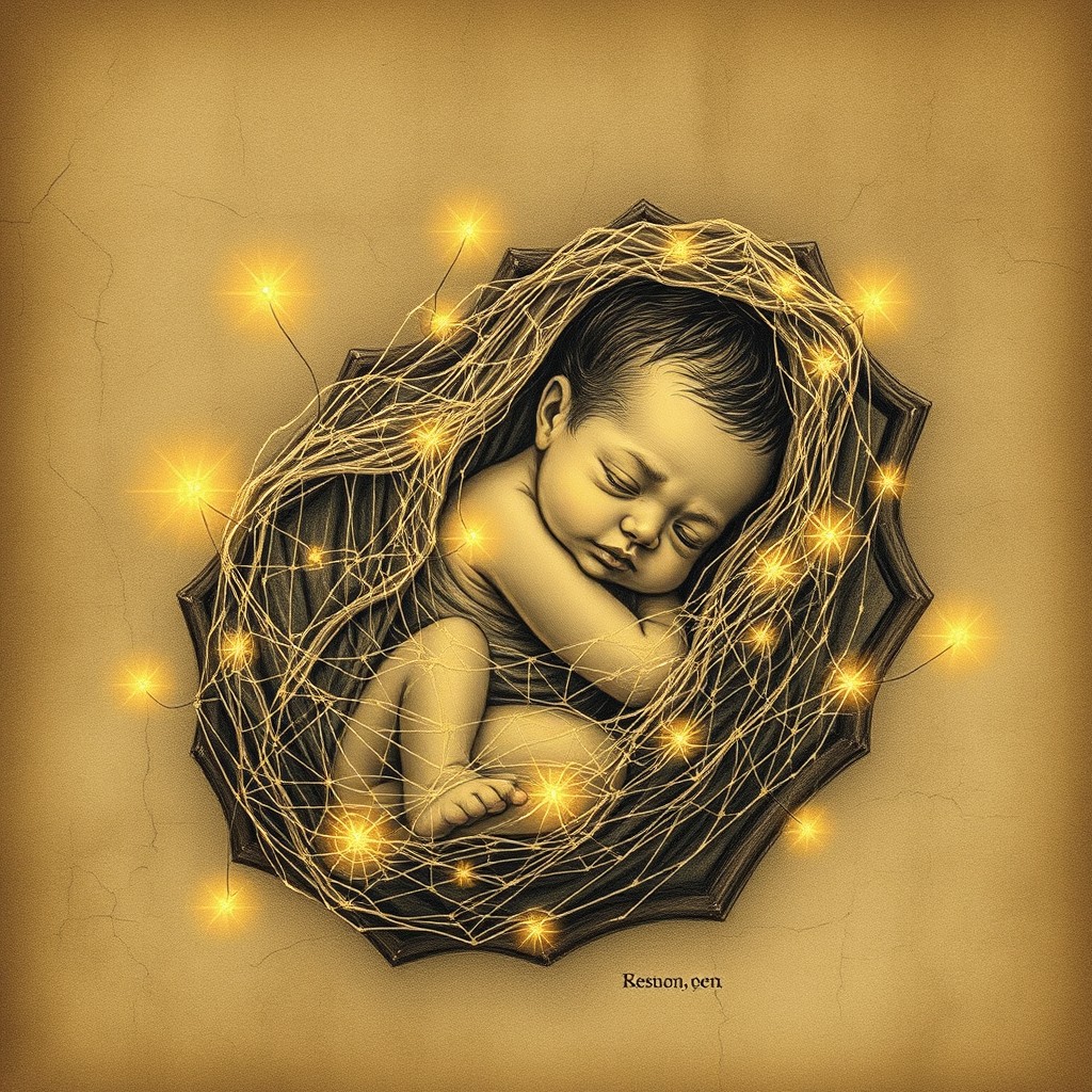 A newborn wrapped in glowing, ethereal spiderwebs, surrounded by flickering fireflies that add a magical sparkle to the scene
