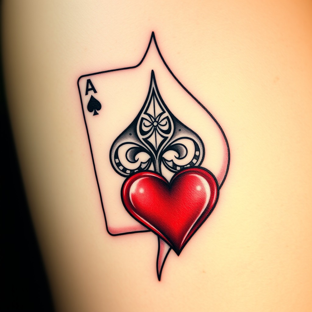 A beautifully crafted tattoo design featuring spade and heart playing cards intertwined